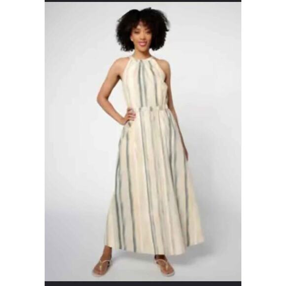 jennie garth Dresses & Skirts - Jennie Garth ME Sunset Stripe Halter Maxi Dress Beige Tan Size SP Small Petite